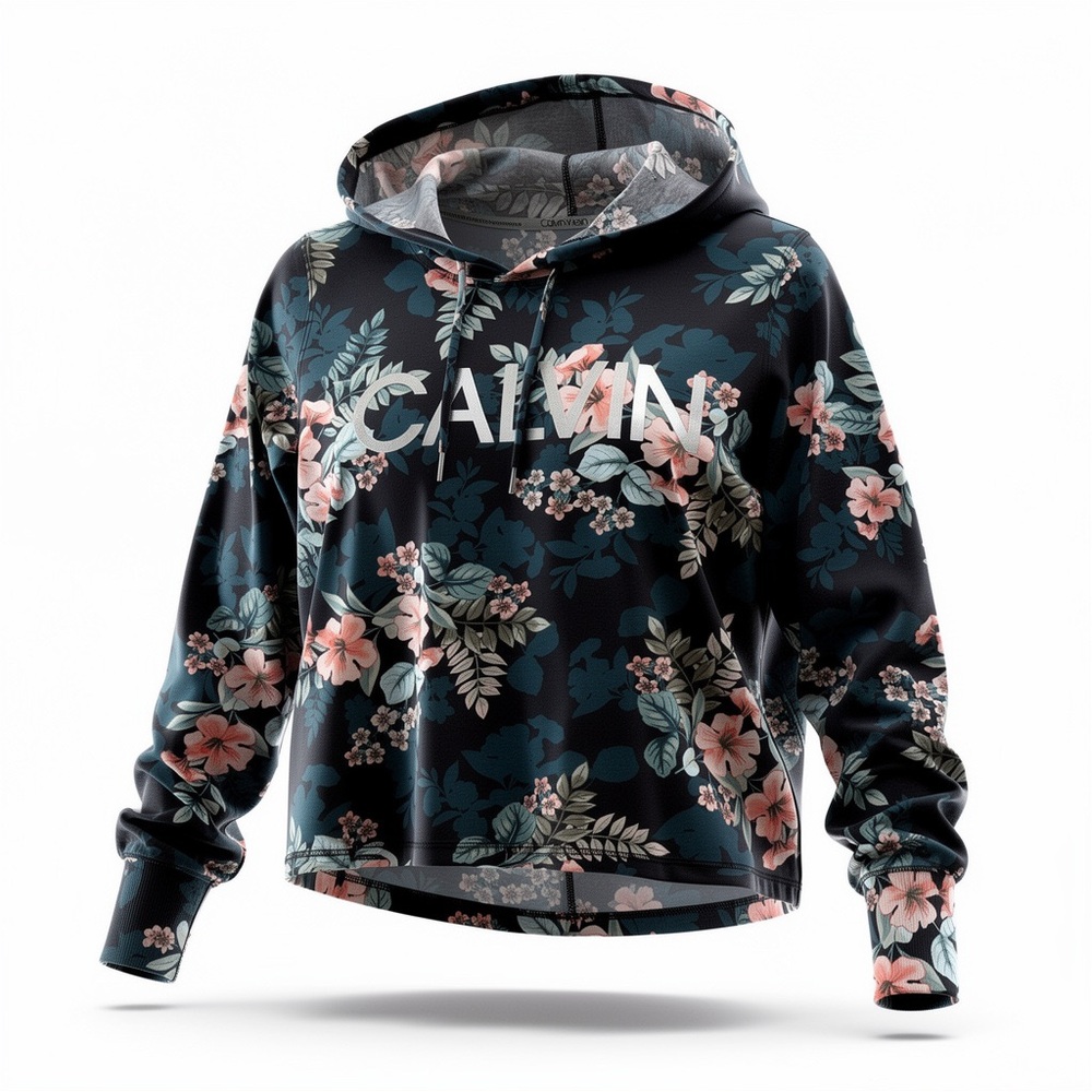 Calvin Klein Floral Hoodie  - Silver Foil Logo Pullover  - Size S